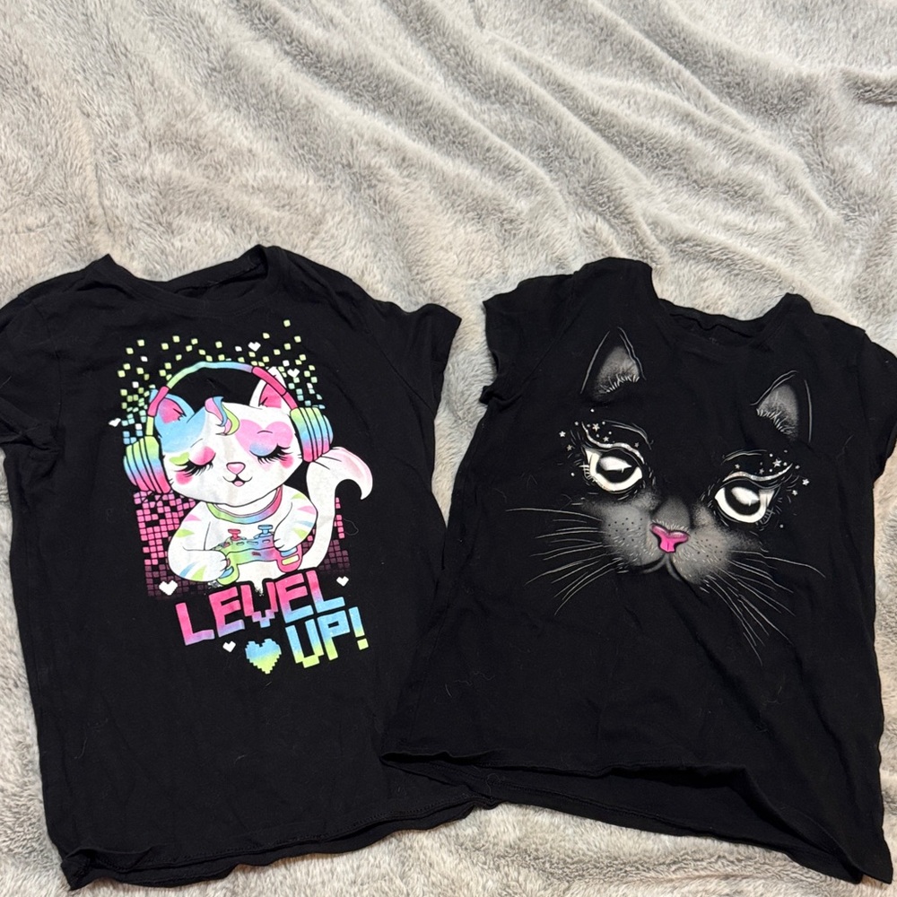 2 Pack Bundle: Black Graphic T-Shirts with Cat Designs